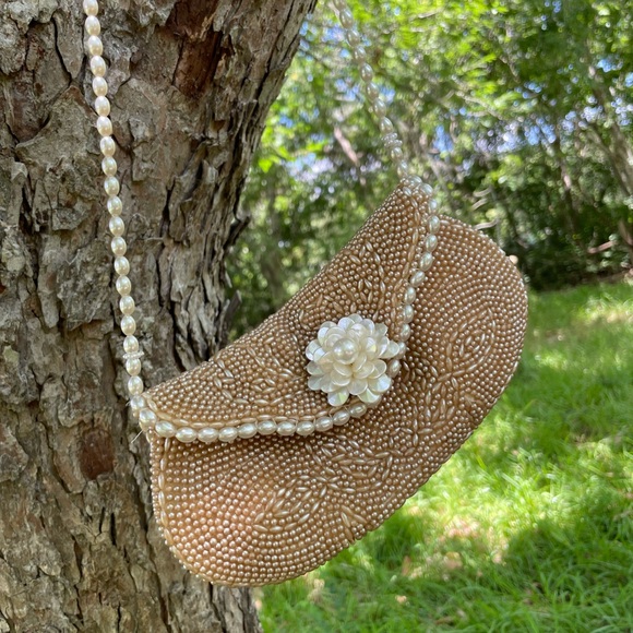 Vintage 1950-60 Japan Elegant Pearl-Embellished Tan Clutch ivory, silk inside - Picture 1 of 16